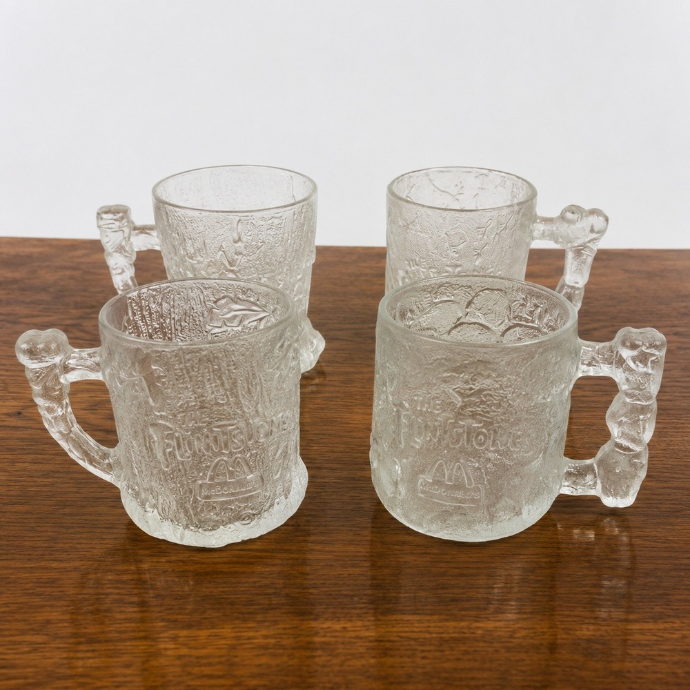 Vintage 1993 McDonalds Flintstones RocDonalds Libbey Glass Mug Set of 4 USA Made